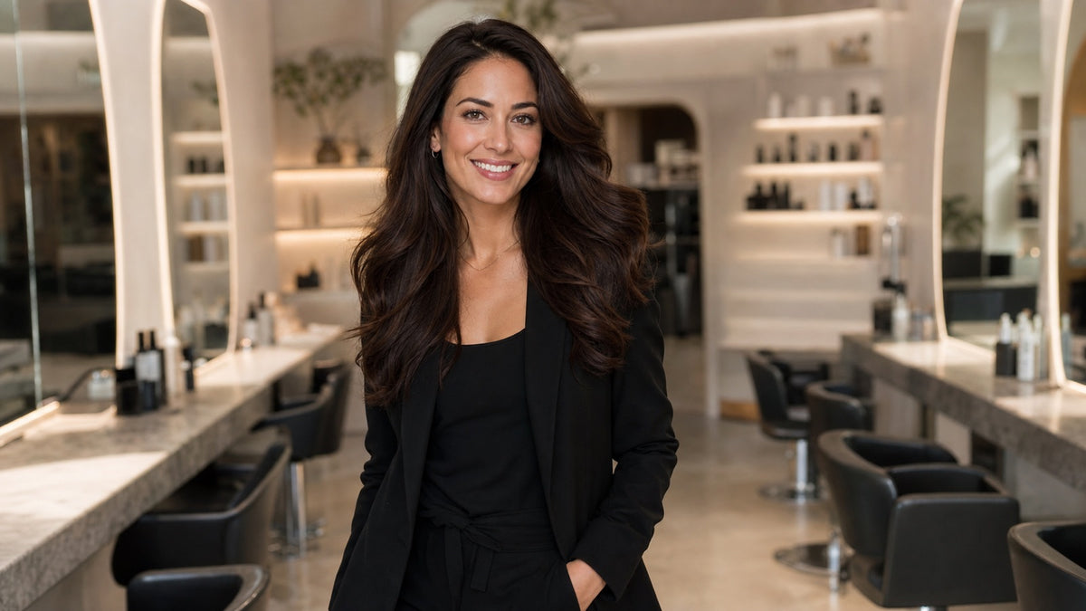 Confident professional woman salon owner with sleek, glossy voluminous brunette hair in an upscale modern hair salon