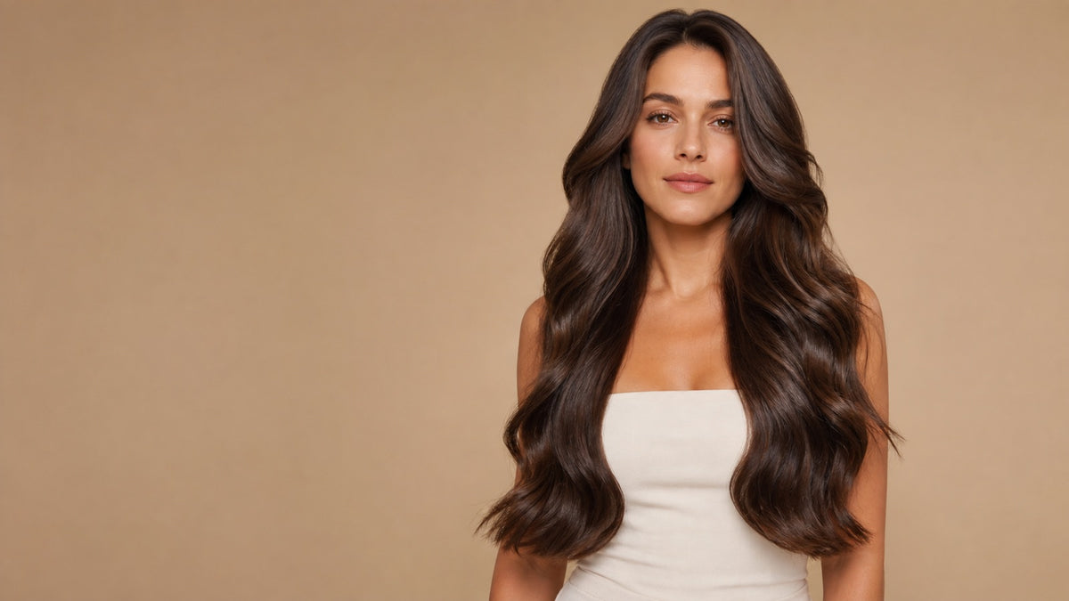 Woman with healthy, glossy, thick voluminous long brunette hair with full dense ends