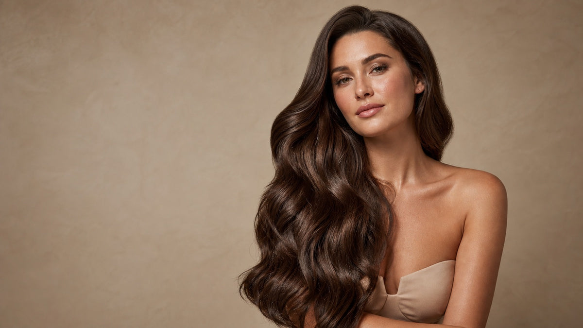 Woman with long, glossy, voluminous brunette hair showing seamless extension length in soft studio light