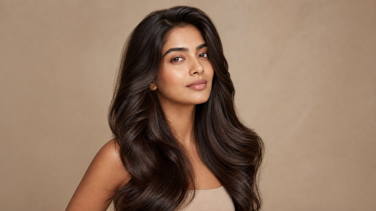 South Asian woman with long, glossy, voluminous dark brown Indian Remy hair in soft studio light