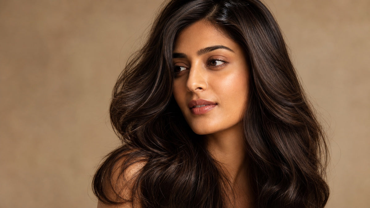 South Asian woman with long, glossy, voluminous dark brown wavy hair in a soft studio portrait