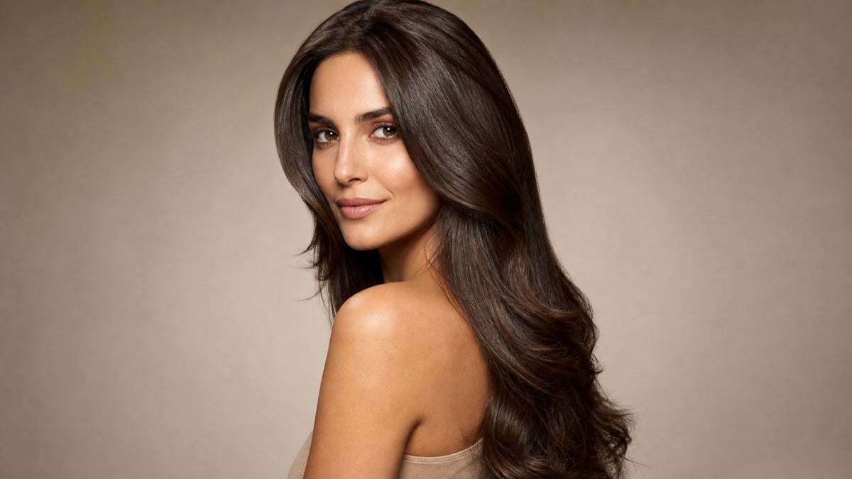 Elegant woman with long, healthy, glossy dark brown hair showcasing premium extension quality