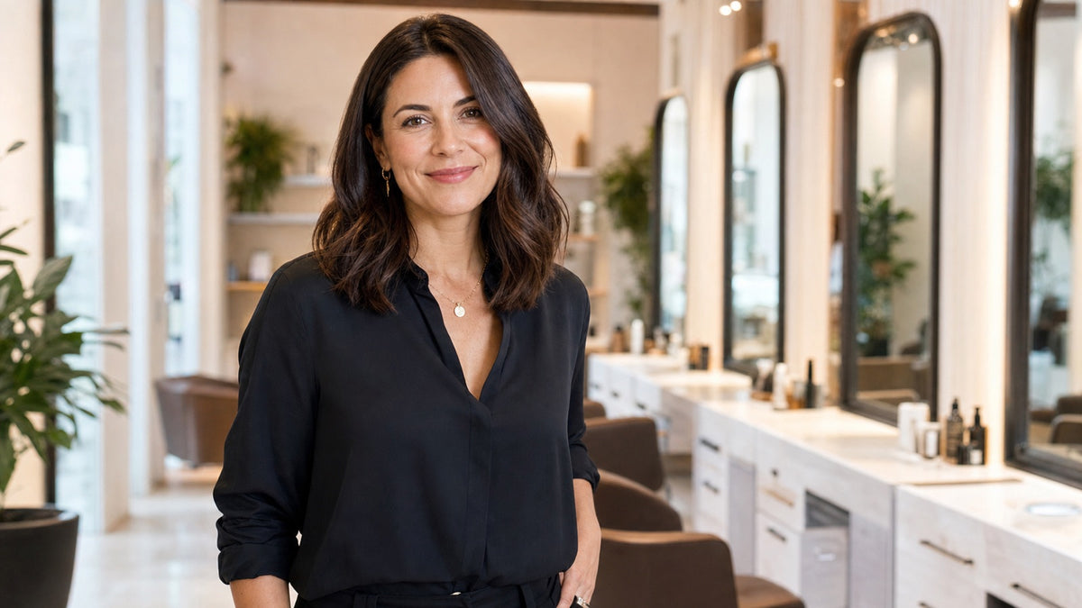 Confident professional salon owner with sleek glossy brunette hair in a bright modern hair salon