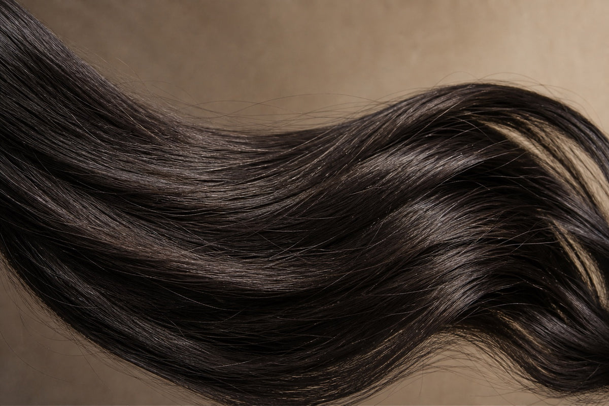 A flowing cascade of untouched dark Indian virgin hair with natural sheen.