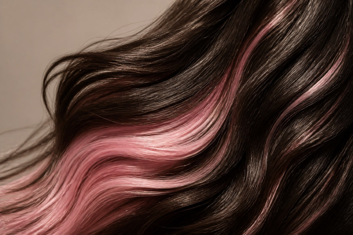 Dark human hair with a soft pastel-pink peekaboo section.