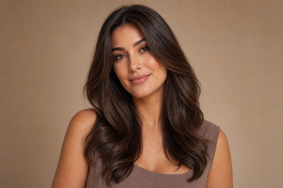 A confident woman with long glossy hair styled in an effortless look.