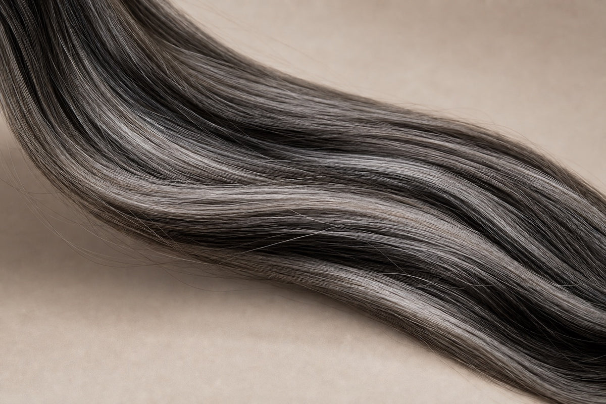 Natural grey salt-and-pepper hair strands blended without bleach.