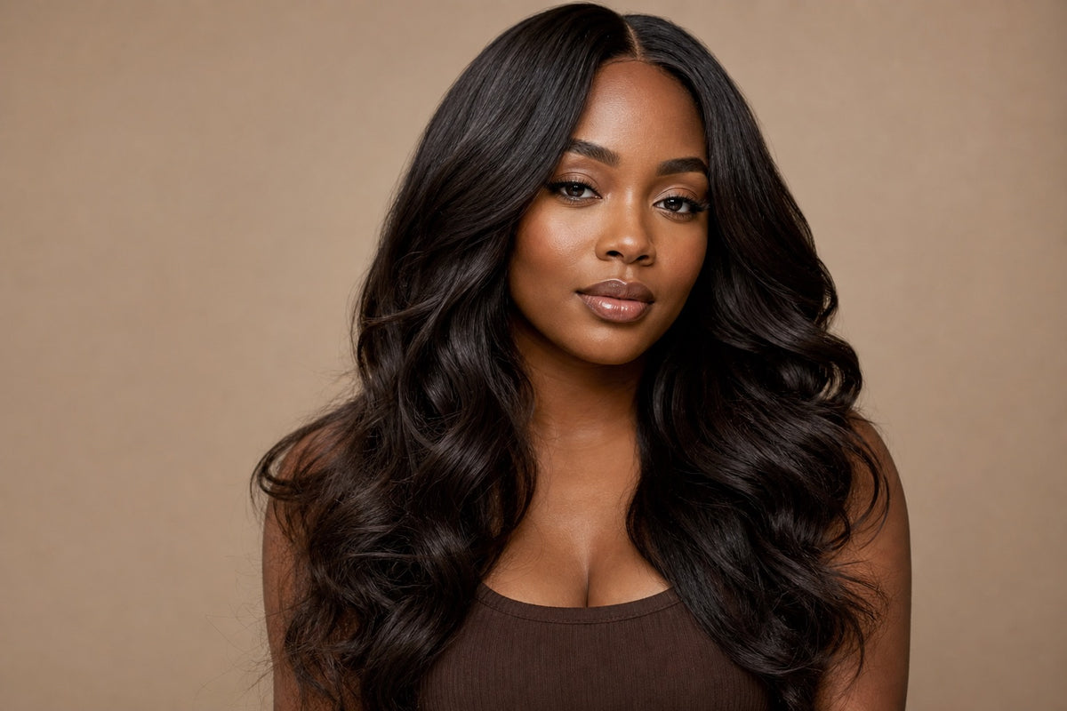 A confident Black woman with full, glossy, beautifully styled hair.
