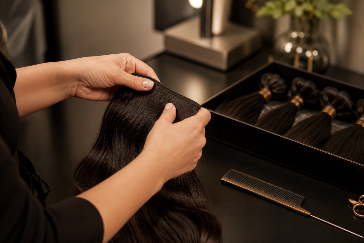 A stylist's hands working with a dark hair weft at a refined salon station.