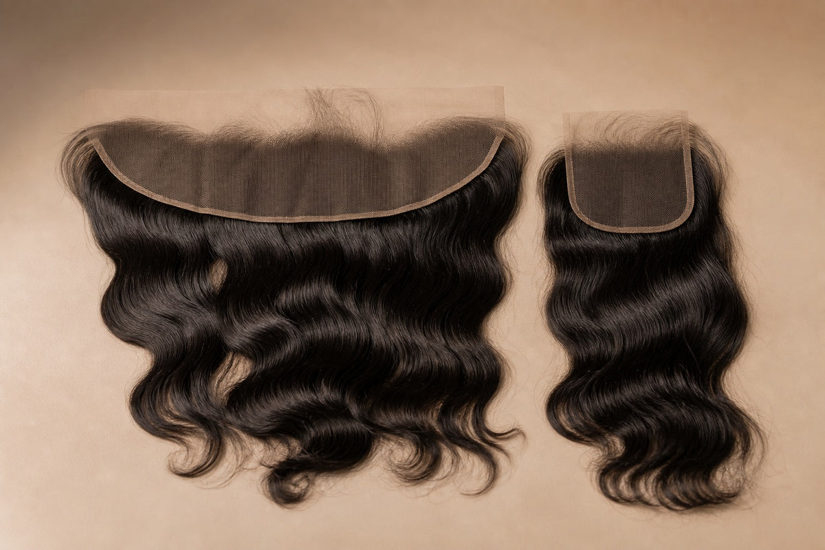 A lace frontal and a smaller lace closure shown side by side for comparison.