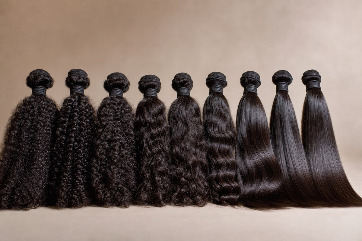 Several dark hair bundles arranged from lower to higher visible quality.
