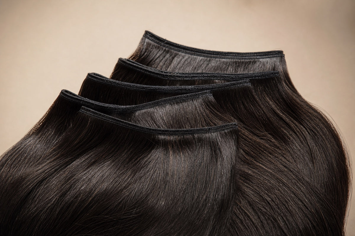 Several dark human hair wefts fanned out to show machine and hand-tied edges.
