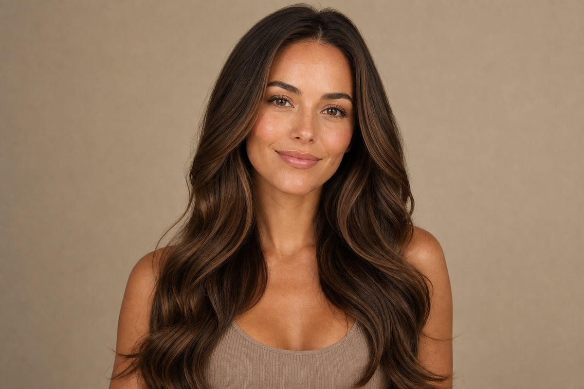 A woman with newly lengthened, full, glossy hair looking confident.