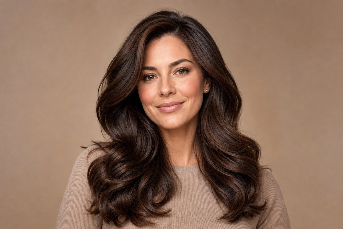 A woman with full, voluminous glossy hair looking confident and radiant.