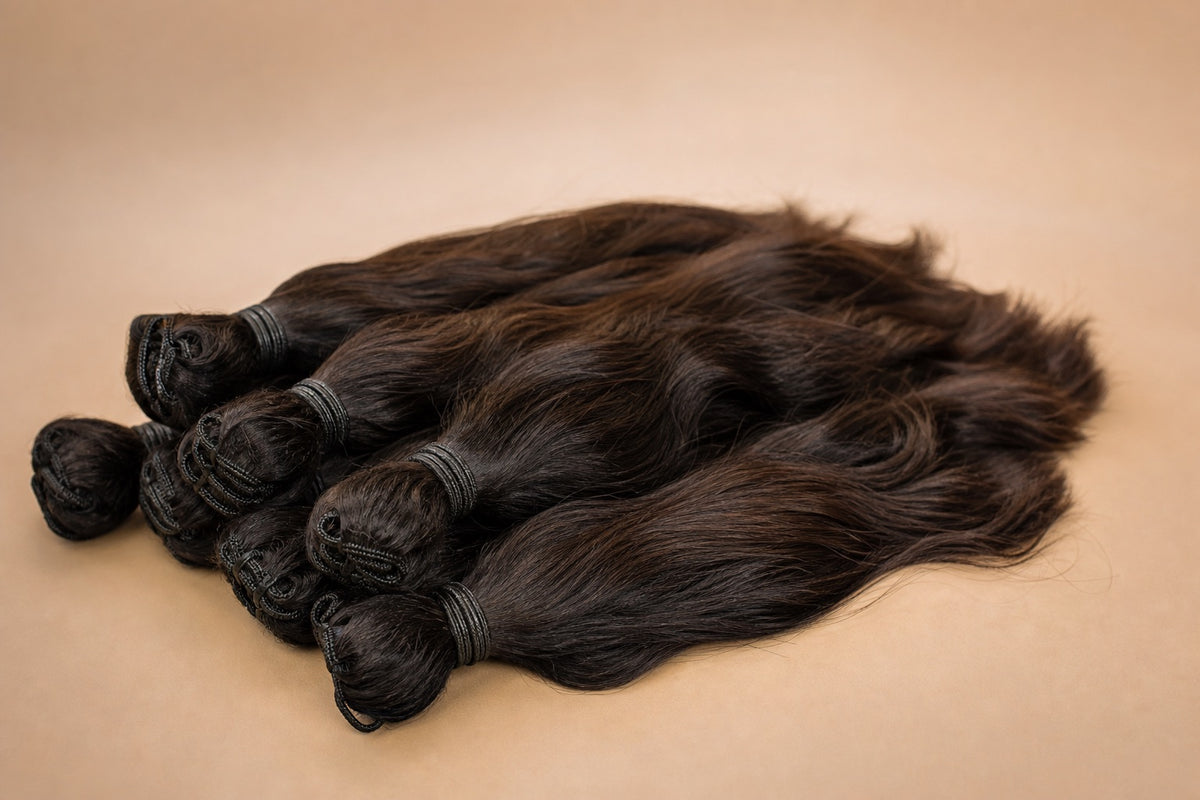 Bundles of raw dark Indian temple hair arranged as sourced supply.