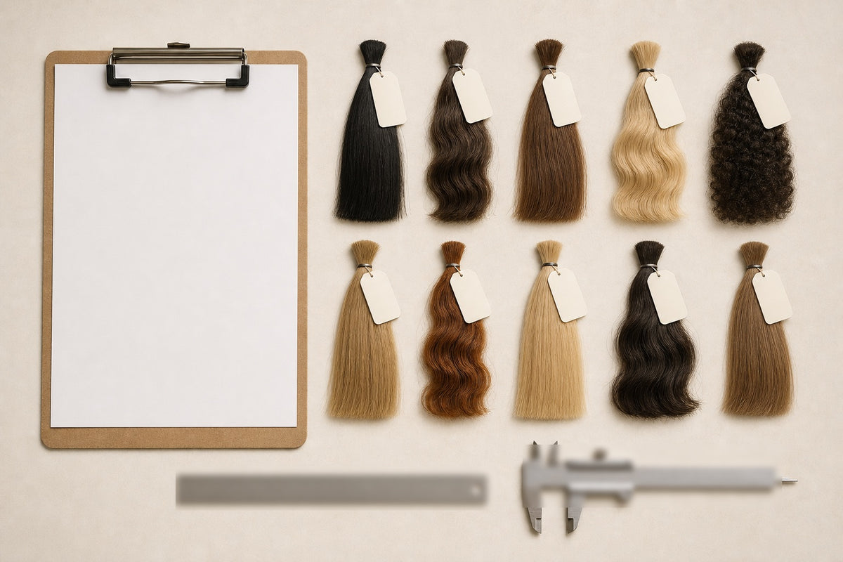 A flat-lay of labeled human-hair test tresses with a clipboard, ruler, and calipers.