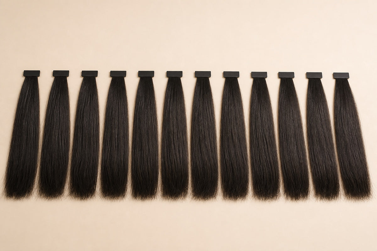 A row of standardized human-hair test tresses bound with tabs.
