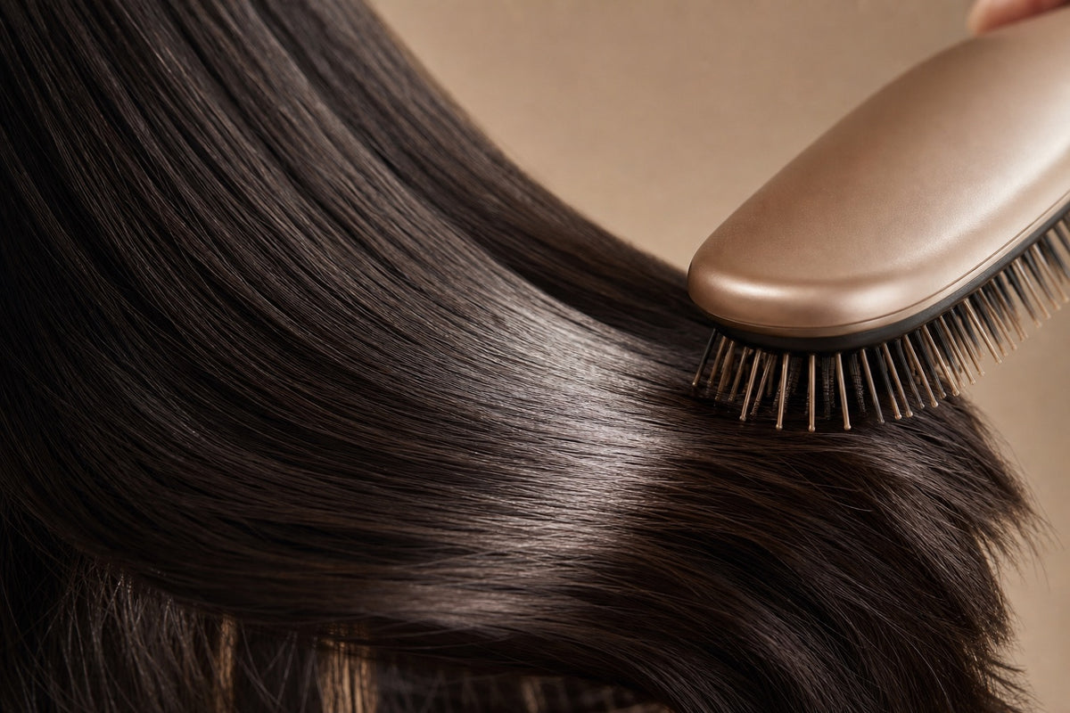A brush gliding smoothly through long, glossy, healthy human hair.
