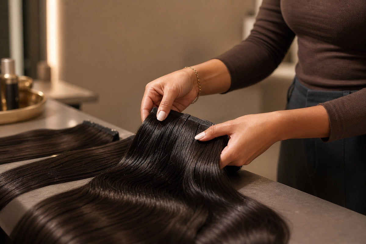A refined salon detail with a stylist's hands arranging glossy hair wefts.