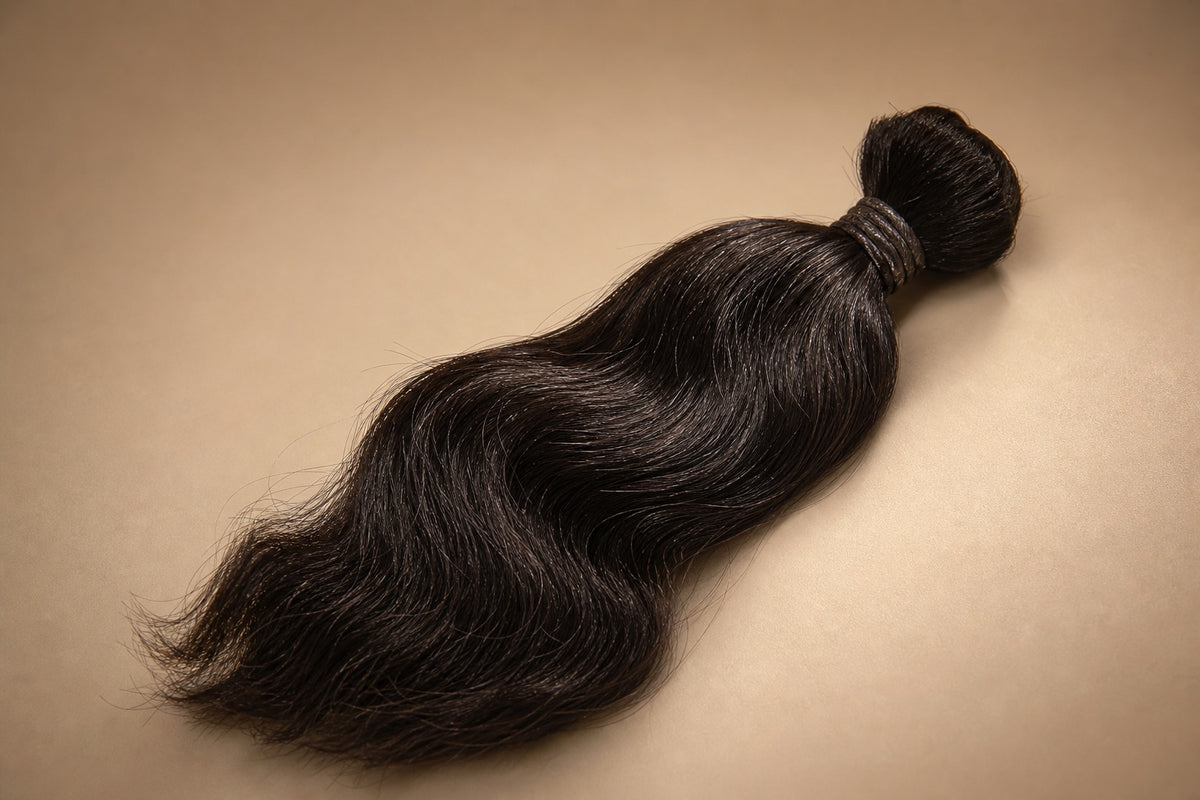 A small bundle of raw dark Indian temple hair set against a sparse arrangement.