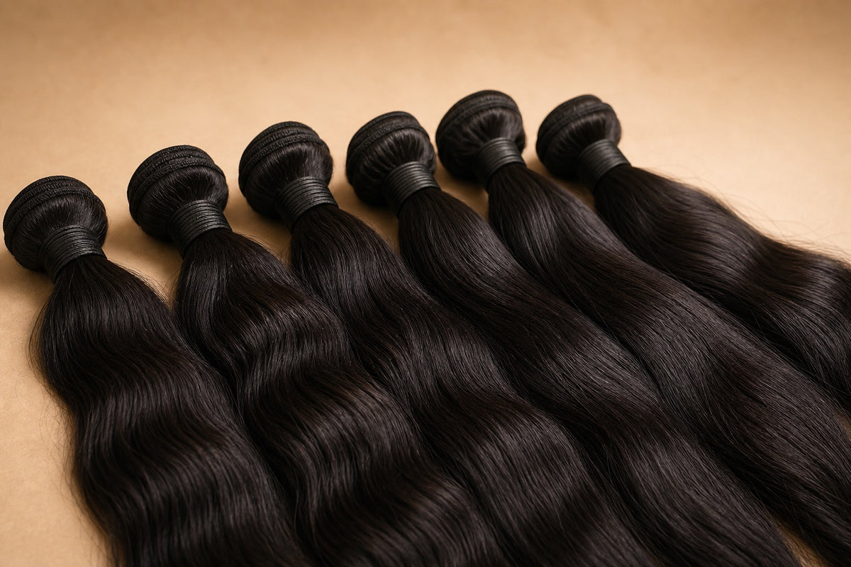 Several tied bundles of raw dark Indian hair arranged as vendor supply.