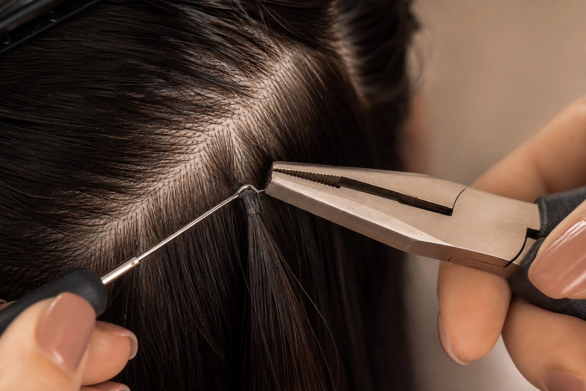 Close-up of i-tip hair extensions being installed at the root with a loop tool.