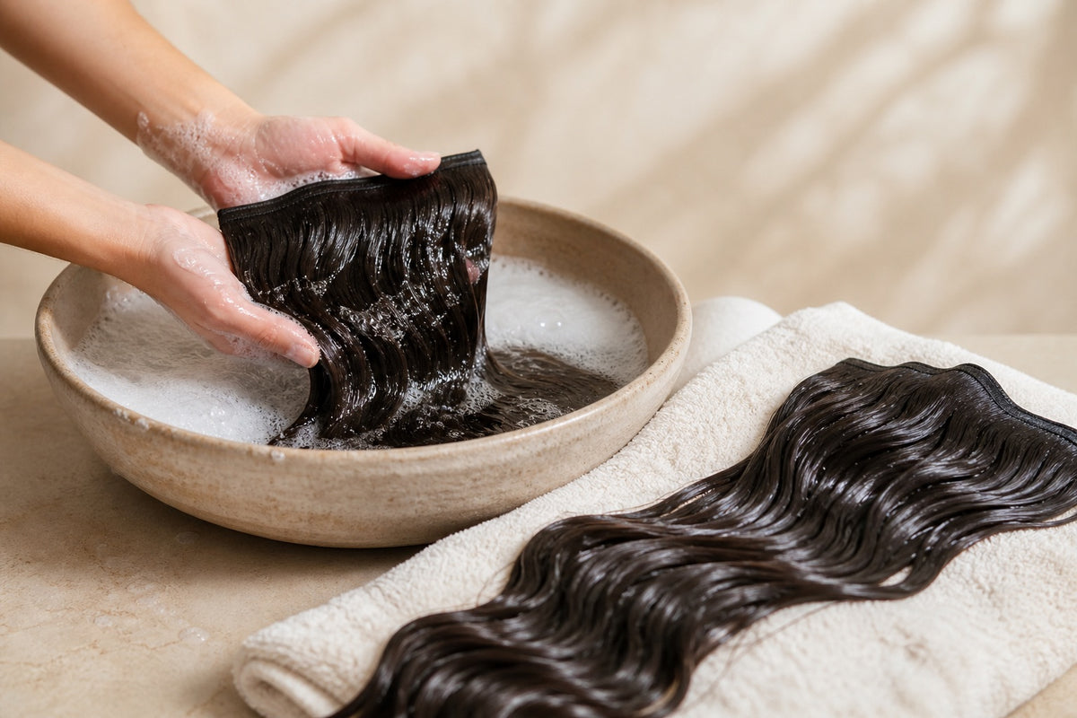Hair-extension wefts being gently hand-washed in soft suds.