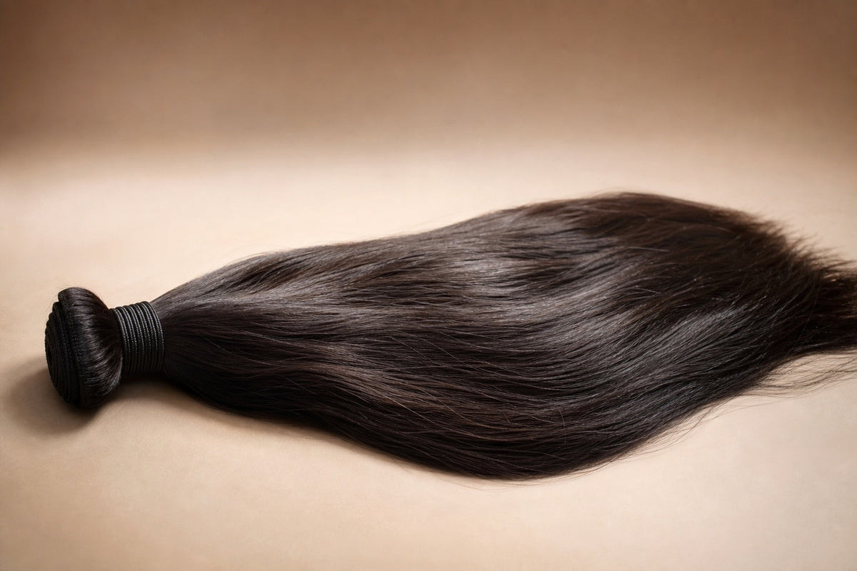 A long bundle of glossy dark Indian Remy hair with aligned cuticle.