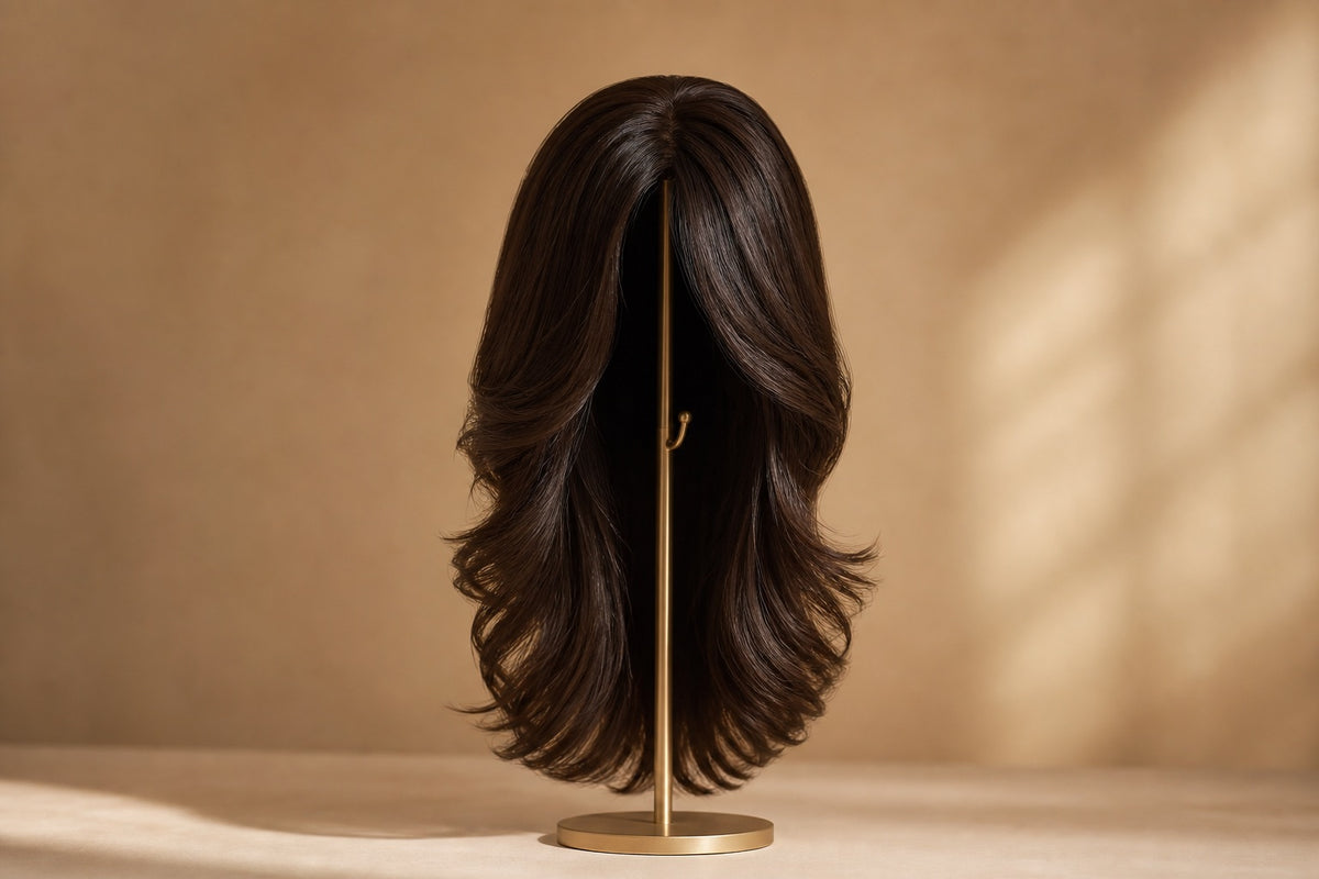 A natural full human hair wig shown warmly and dignified on a clean stand.