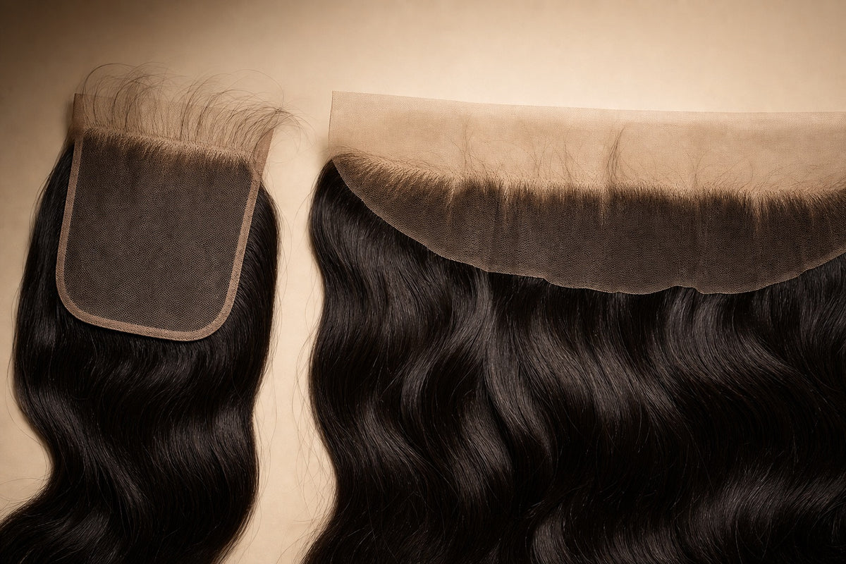 A lace closure and a wider lace frontal shown together to compare hairlines.