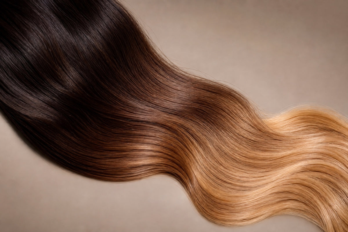 A length of human hair with an ombre gradient from dark roots to caramel ends.