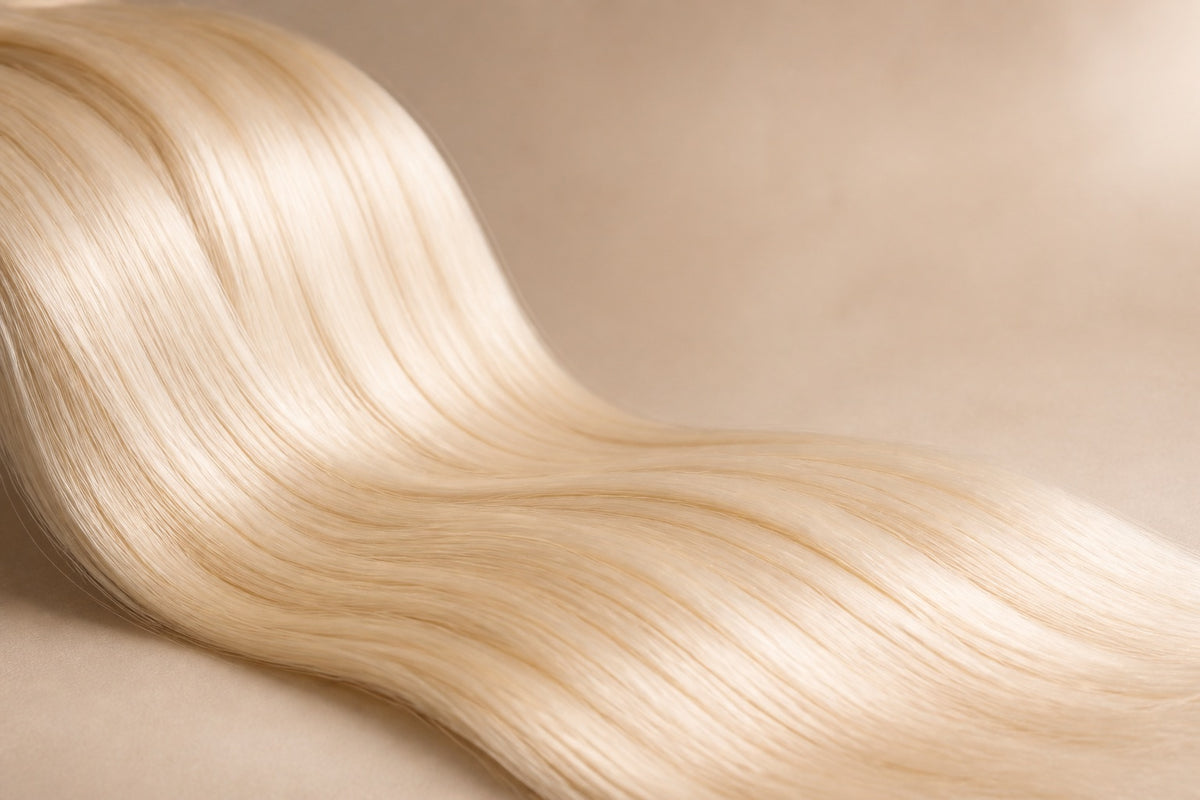 A long sweep of platinum blonde 613 hair extension strands with bright shine.