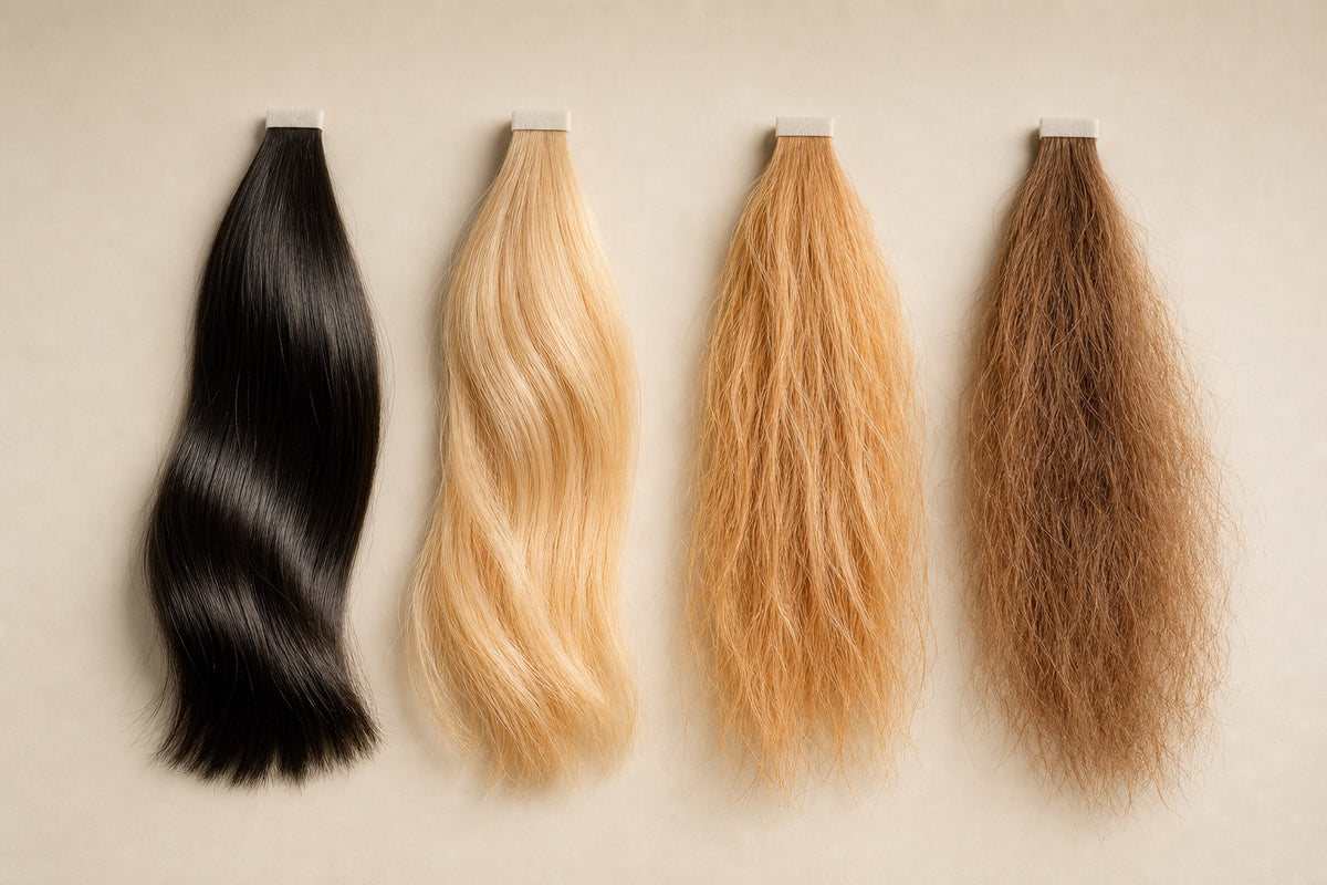 Four human-hair test tresses compared: raw, bleached, processed, and damaged.