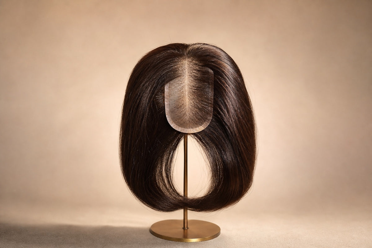 A natural silk-base hair topper with full healthy hair on a clean stand.