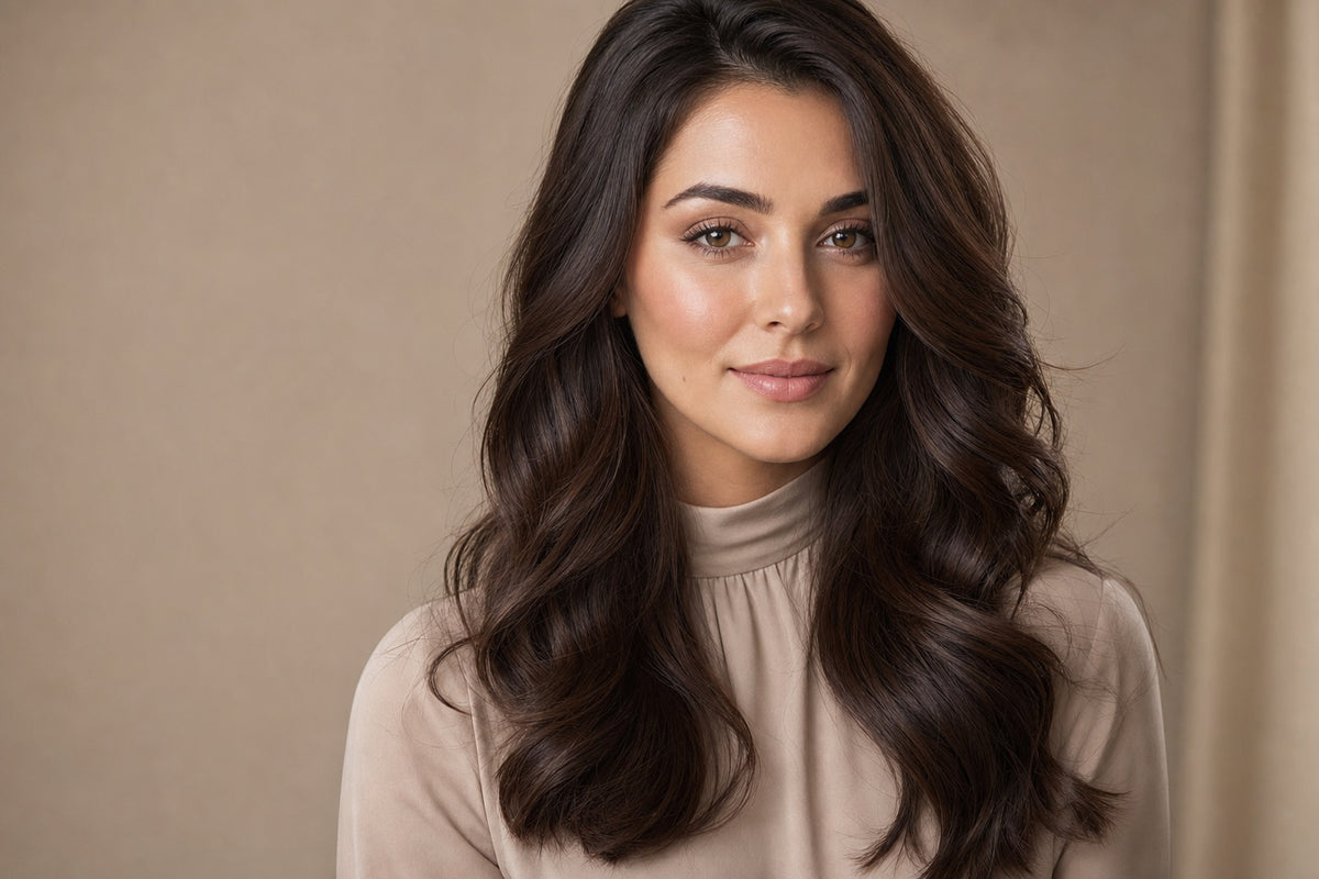 An elegant glamorous brunette woman with long, glossy voluminous hair.
