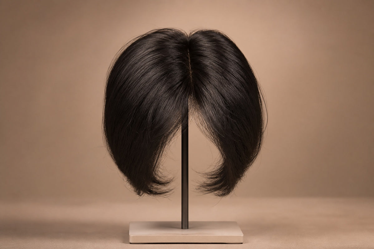 A natural dark human hair topper with full healthy hair on a clean stand.