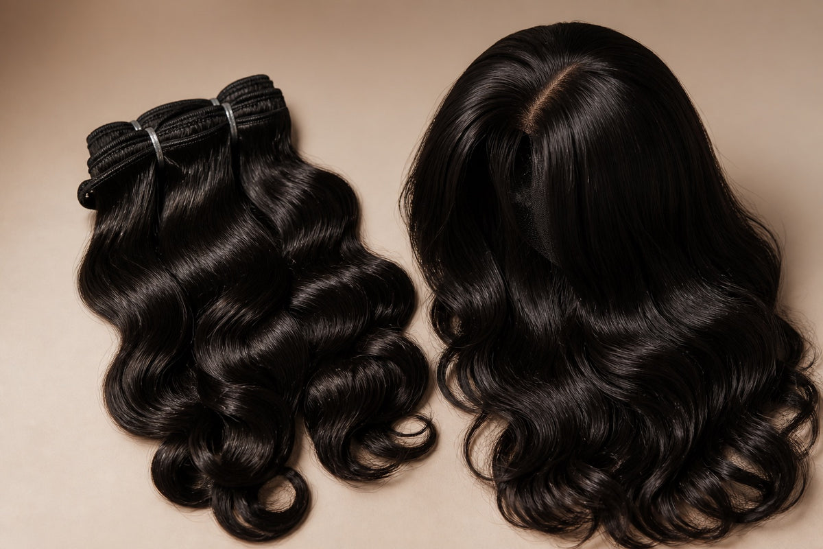 A sew-in hair weft and a full wig shown together to compare the two options.