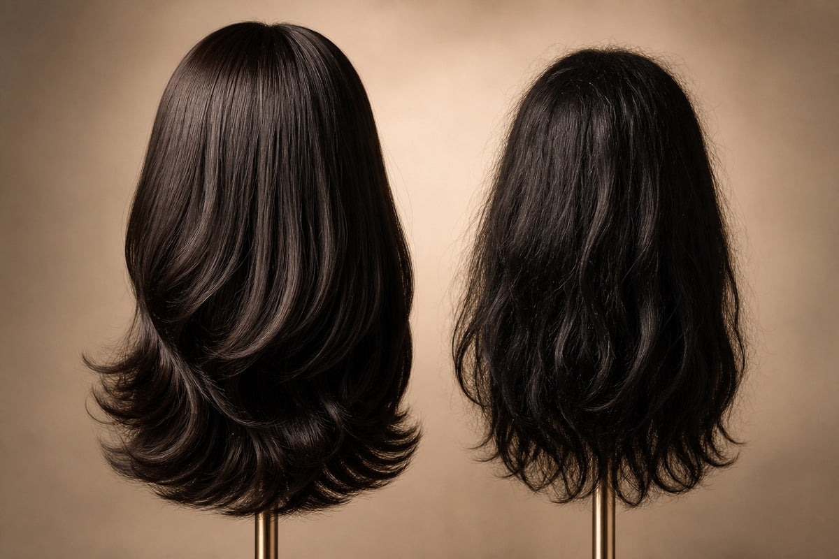 Two human hair wigs of differing quality shown together to compare value.