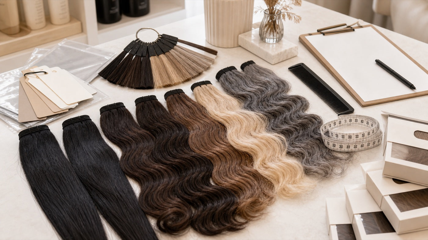 Hair extension samples and shade swatches prepared for salon product selection