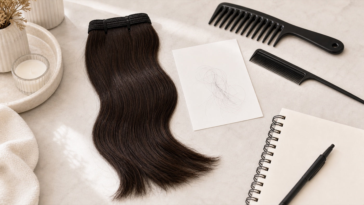 Hair extension shedding check setup with comb, white card, and loose strands