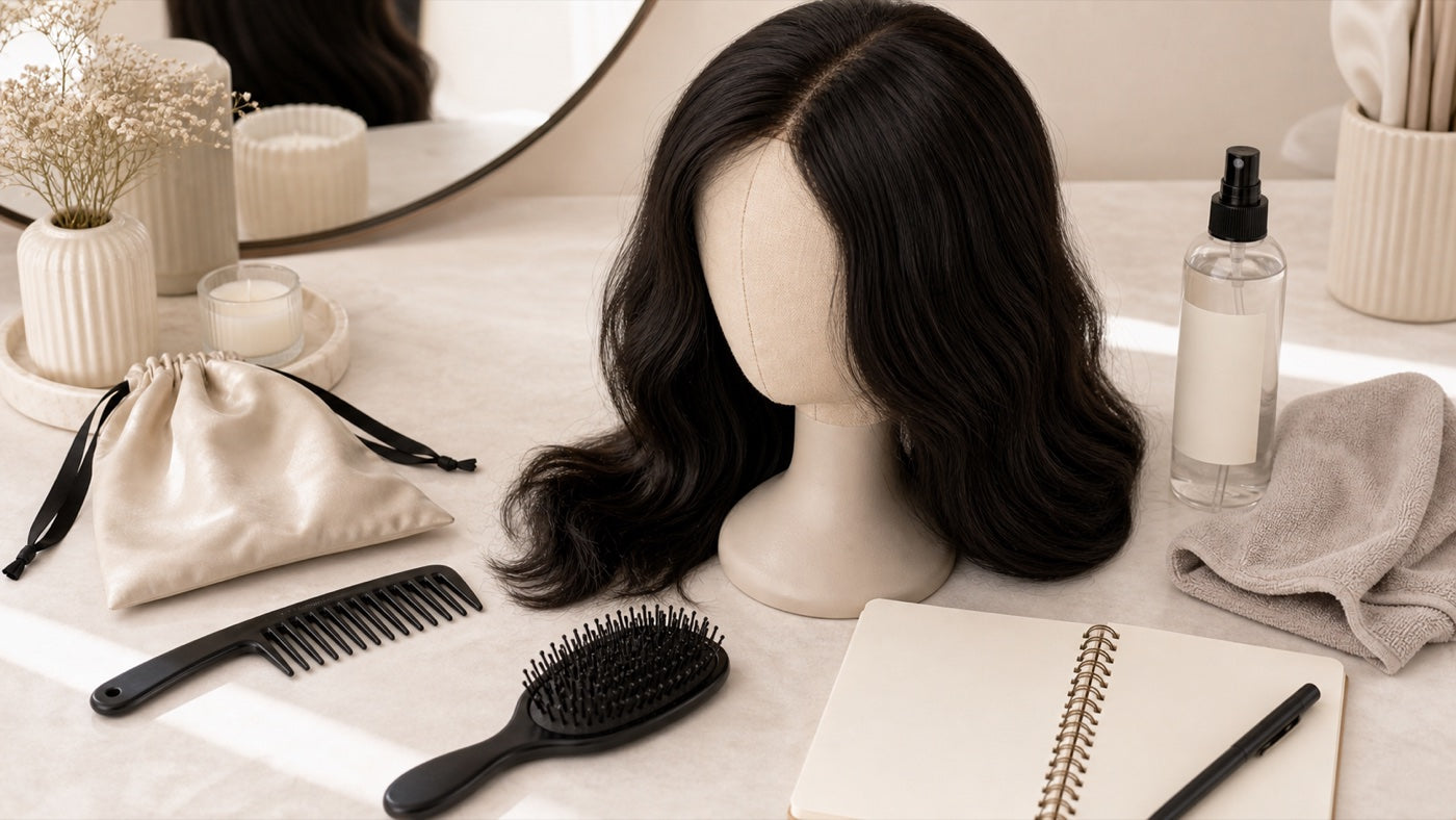 Human hair wig care setup with brush, comb, stand, and care essentials