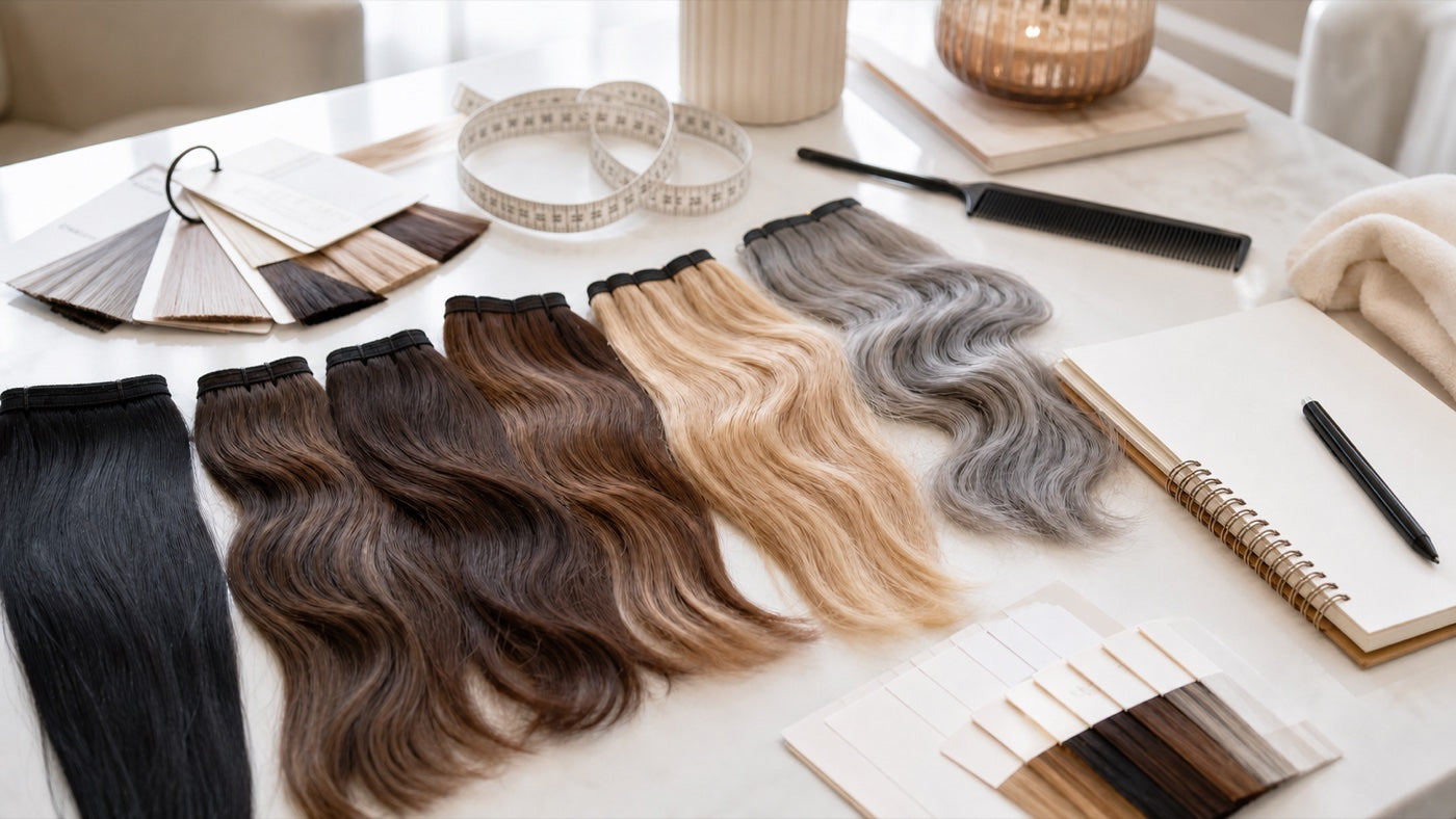Hair extension consultation setup for choosing length, texture, and face-framing style
