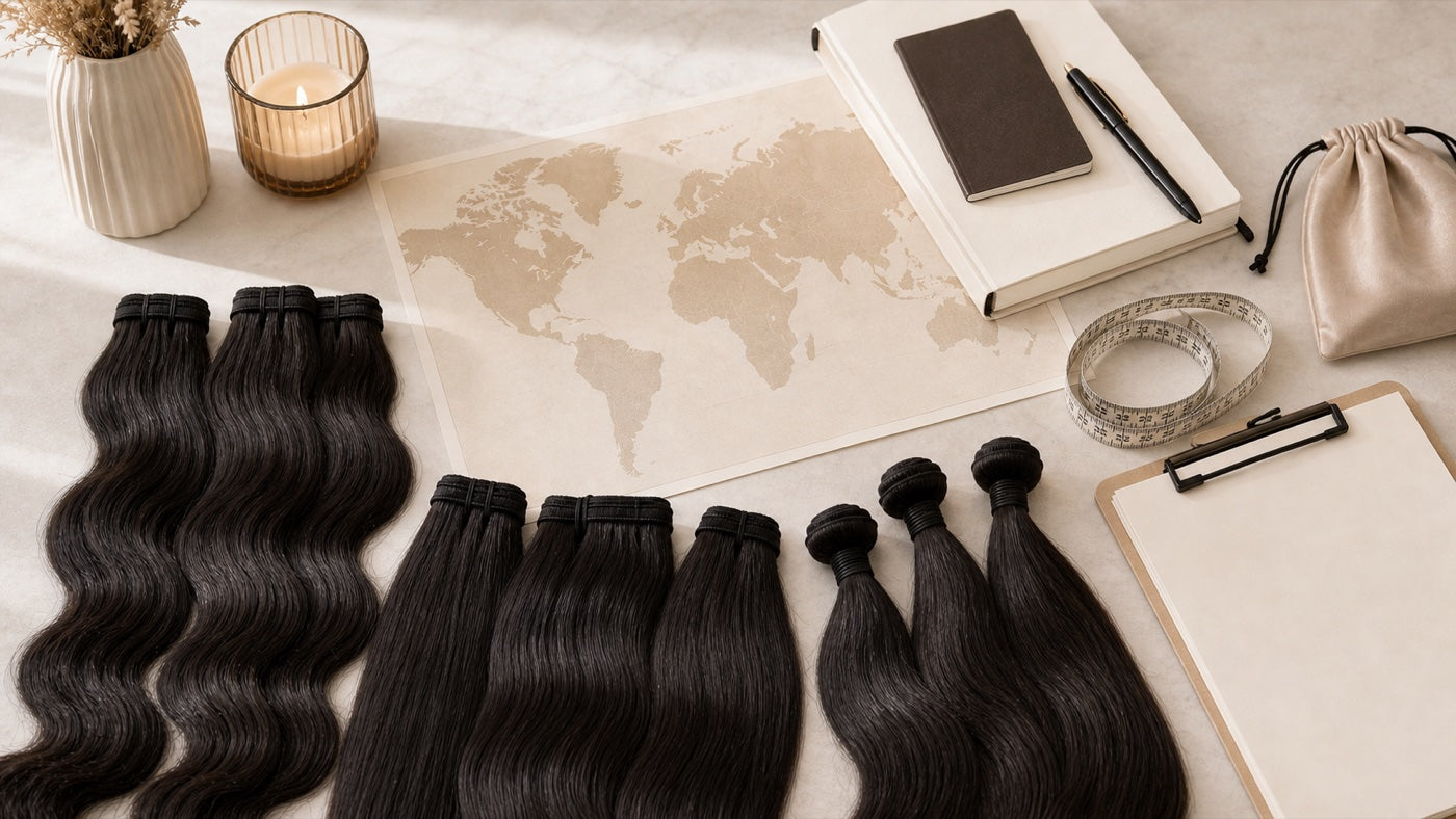 Human hair sourcing research setup with tresses, map paper, and measuring tape