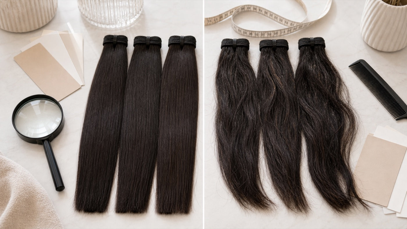 Aligned and mixed hair samples arranged for Remy and non-Remy comparison