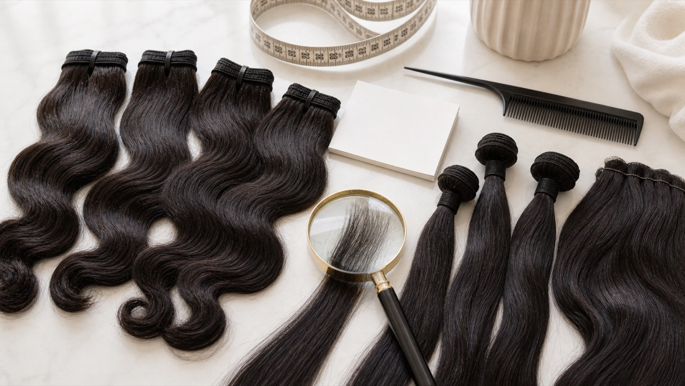 Human hair wefts arranged for strand texture and quality inspection