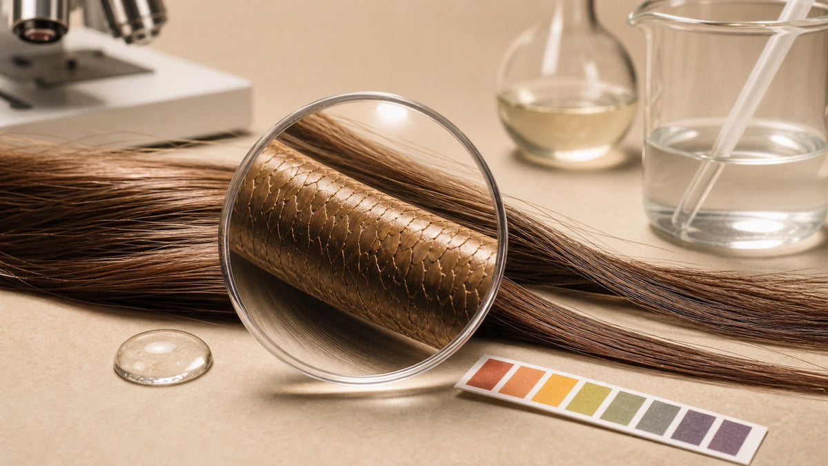 Hair strands shown with cuticle texture, water, pH strip, and lab glassware for hair biology and chemistry education