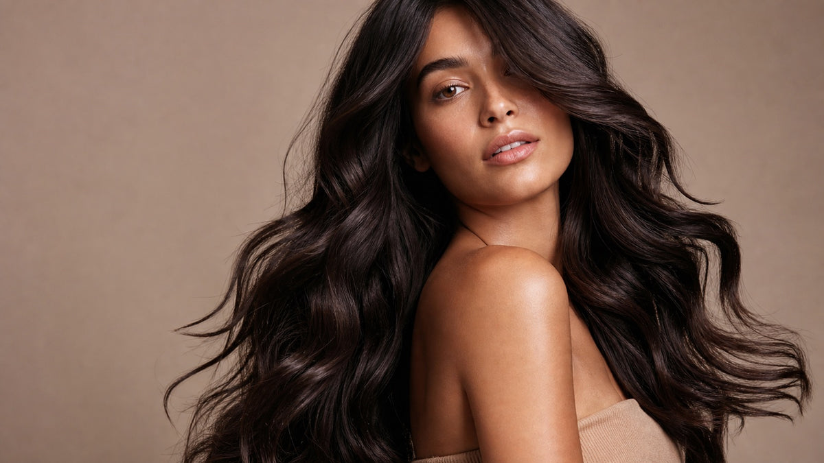 Woman with long glossy dark wavy hair — premium Indian virgin Remy hair
