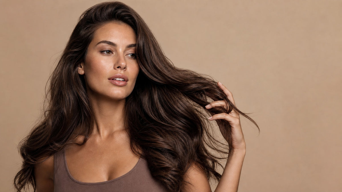 Confident woman with healthy, glossy, voluminous brunette hair running fingers through silky strands