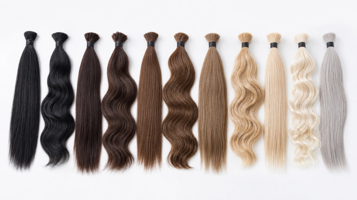 Rows of human-hair test tresses in multiple shades and textures — Prarvi research-grade hair for cosmetic testing