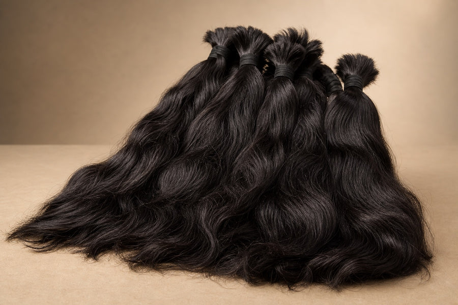 Bundles of raw, unprocessed natural dark Indian human hair.